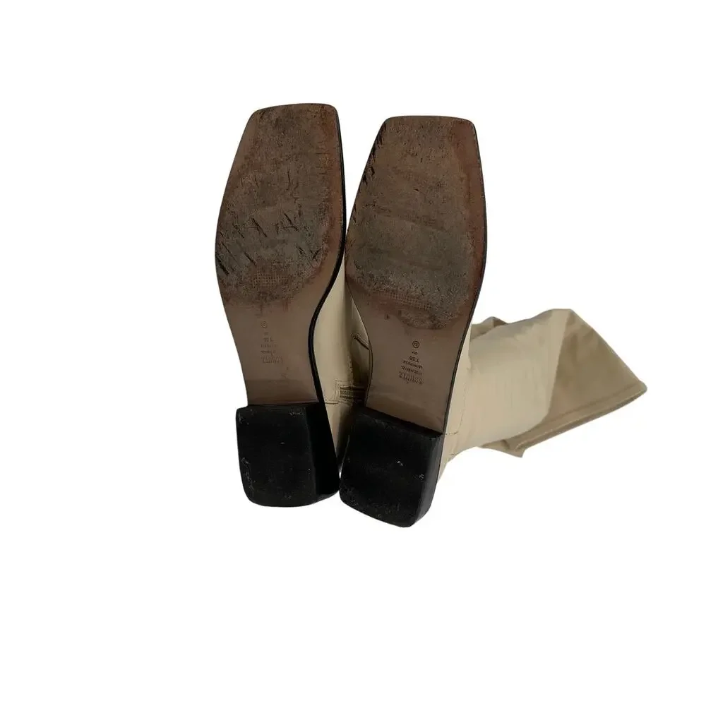 Schutz Guily Up Over The Knee Boots Eggshell Cream Leather‎ Square Toe Women 7.5